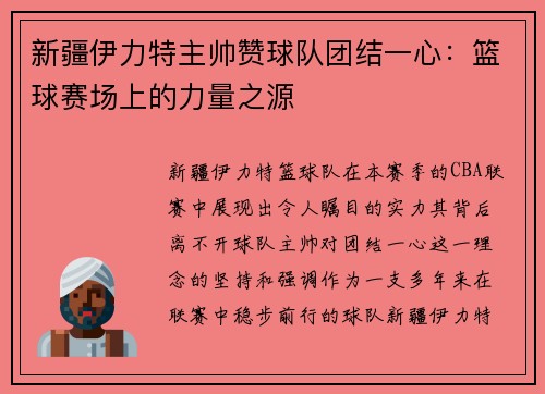新疆伊力特主帅赞球队团结一心：篮球赛场上的力量之源