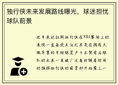 独行侠未来发展路线曝光，球迷担忧球队前景