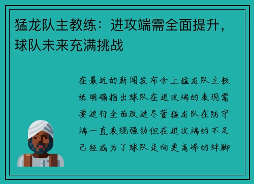 猛龙队主教练：进攻端需全面提升，球队未来充满挑战
